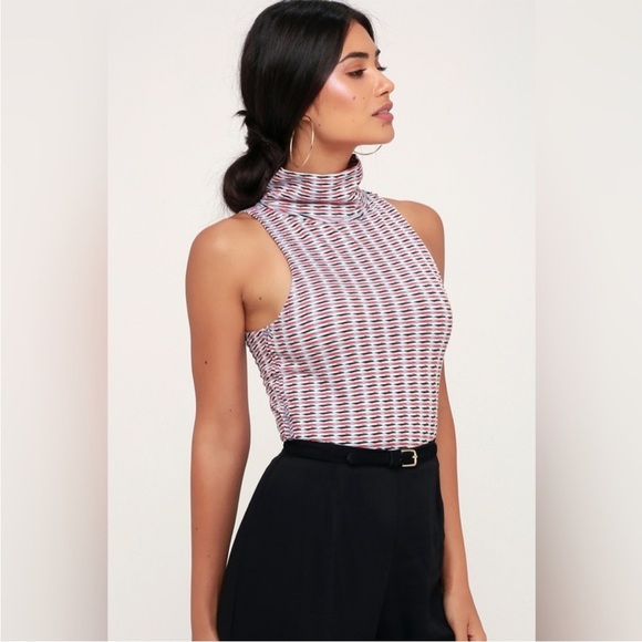 NWOT Free People Little Baby Blue Multi Print Turtleneck Crop Top pinup art deco - Picture 4 of 8